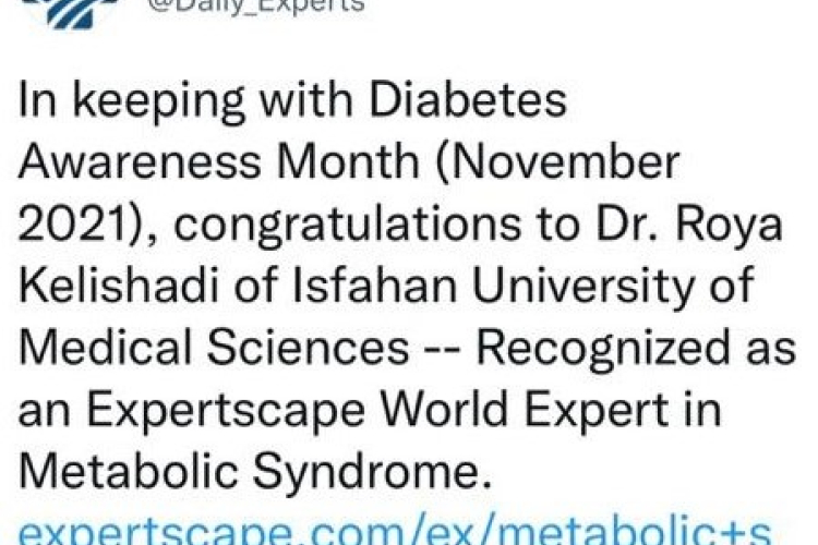 In keeping with Diabetes Awareness Month, congratulations to Dr. Roya Kelishadi- recognized as an Expertscape World Expert in Metabolic Syndrome to Dr. Roya  